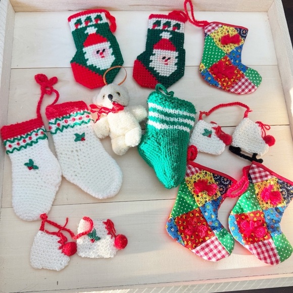 Vintage Lot of 13 Canvas Needle Point & Crochet Christmas Ornaments - Picture 1 of 13